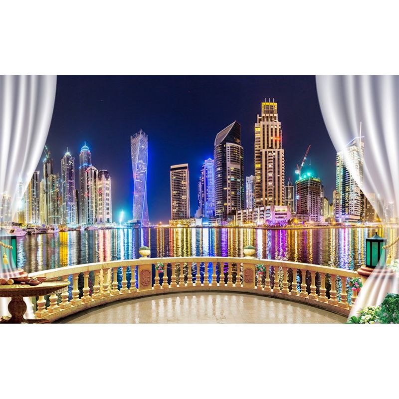 Big Photo Simple Wall Mural Decal for Meeting Room Decor with Over Balcony Scene Design in Yellow and Blue