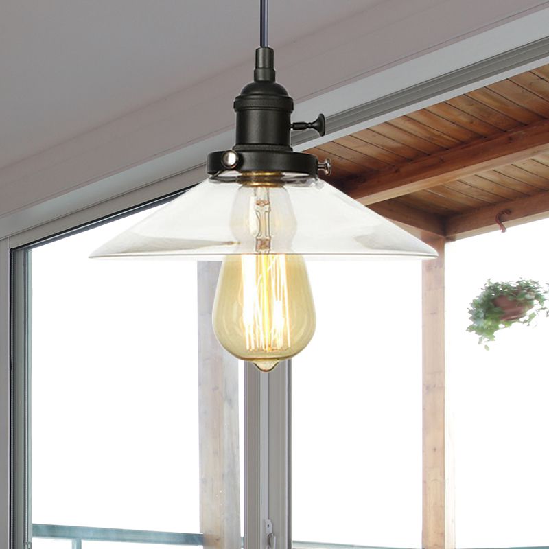 Farmhouse Style Cone Pendant Lamp Metallic and Clear Glass 1 Bulb Indoor Height Adjustable Ceiling Light in Black/Bronze/Brass