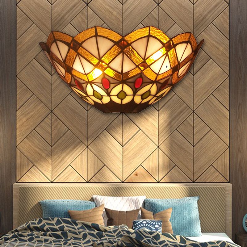 Stained Glass Bowl Wall Sconce with Peacock Design 2 Lights Victorian Wall Light