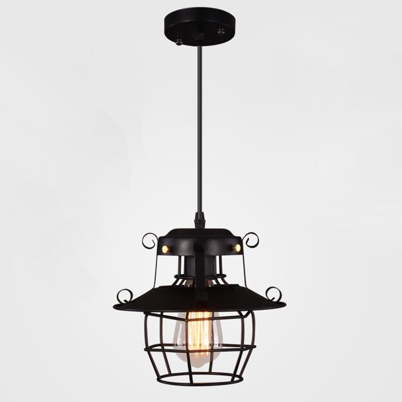 Luce a sospensione in gabbia in ferro battuto nero stile industriale a 1 lutto lampada a soffitto appesa con cavo regolabile da 39 "