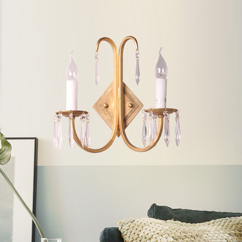 Metallic Candle Wall Lighting Feature Rustikale 2 Lichter Esszimmer Leuchter in Gold mit Kristalltropfen