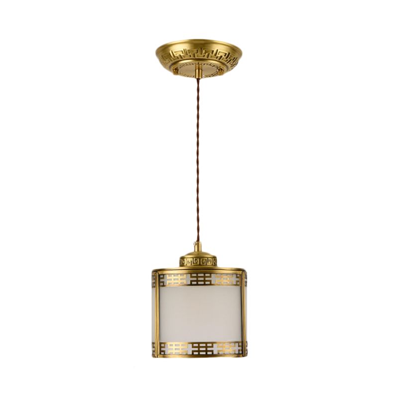 Cylinder Frosted Glass Pendant Lamp Traditional 1 Light Corridor Hanging Ceiling Light in Brass with Metal Frame