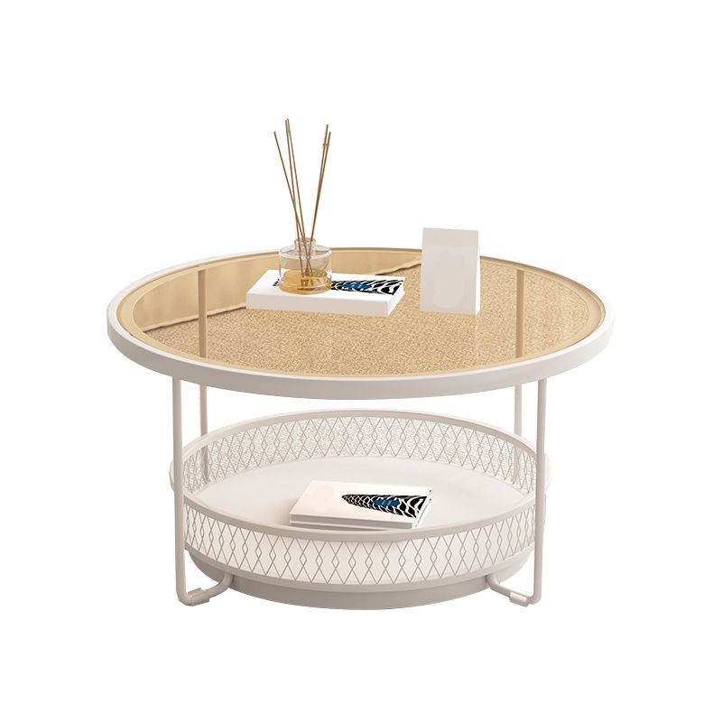 Iron 4 Legs Cocktail Table Round Glass Top Coffee Table with Shelf