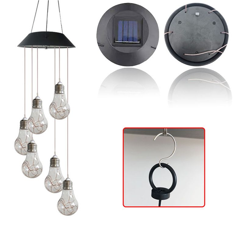 Bulb Shaped Courtyard LED Pendant Light Clear Glass 6 Heads Modern Solar Wind Chime Lighting in Black