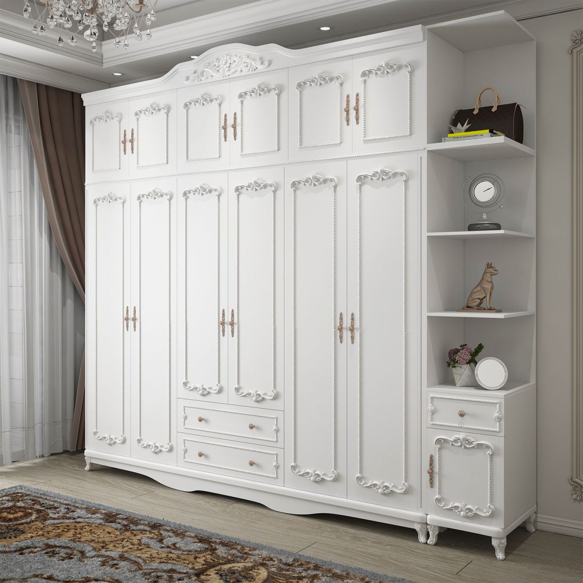 French Country White Wardrobe for Bedroom Manufactured Wood Cabinet with Drawers