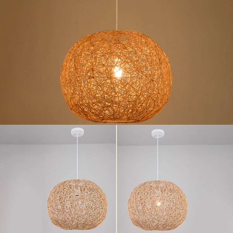Asian Pendant Lighting Fixture 1-Light Beige Hanging Lamp Kit with Rattan Shade