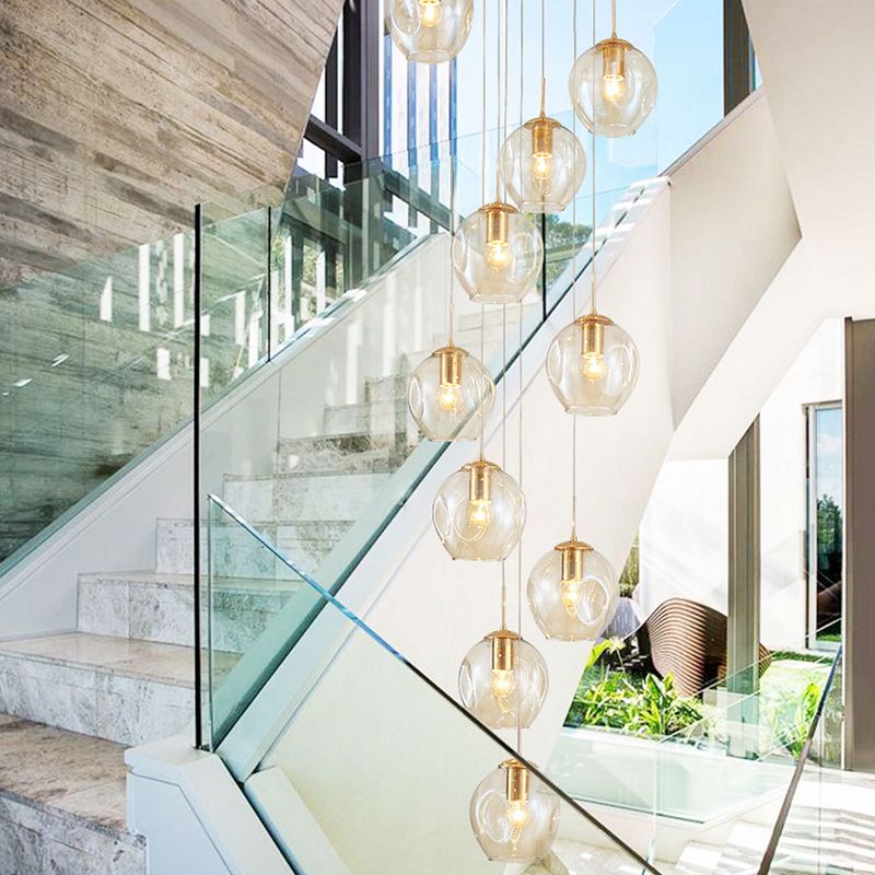 Dimpled Cup Shaped Cluster Pendant Minimalist Cognac Glass 10-Head Stairs Ceiling Light in Brass