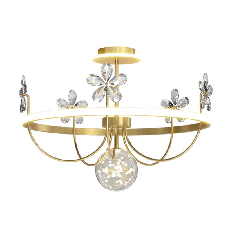 Simplicity Style Gold Circles LED Ceiling Light Crystal Petals Decorative LED Light Strings Clear Glass Globe Lighting Fixture for Bedroom