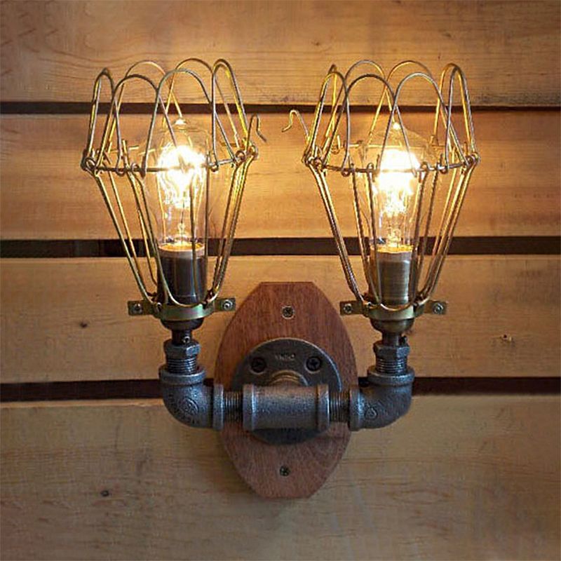 Lagerhaus U -förmige Wandlampe mit Drahtschutz und Rohr 2 Lichter Metallic Leuchten in Messing