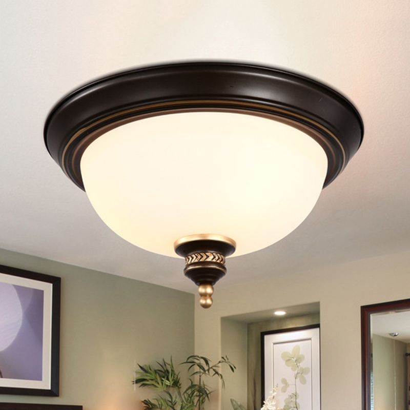 Domed Bedroom Ceiling Lighting Modern Opal Glass 3 Bulbs Black Flush Mount Light Fixture