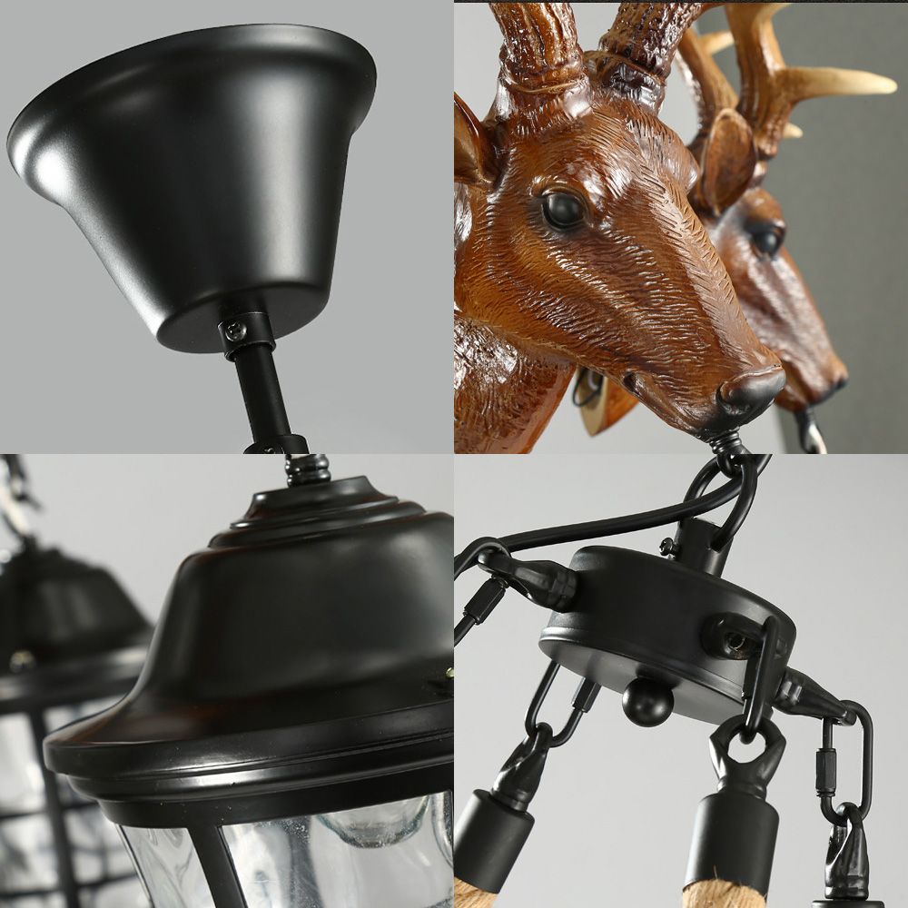 Traditional Wagon Wheel Hanging Lamp 6 Bulbs Resin Chandelier Light Fixture with Deer Head in Brown