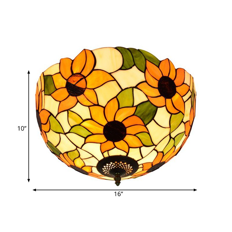 Stained Glass Sunflower Ceiling Fixture Tiffany 2/3 Lights Yellow and Green Flushmount Ceiling Lamp, 12"/16" W