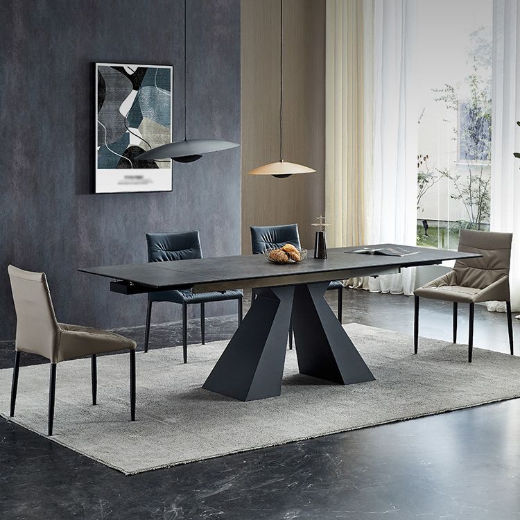 Rectangle Traditional Luxury Dining Table Grey Sintered Stone Table with Double Pedestal