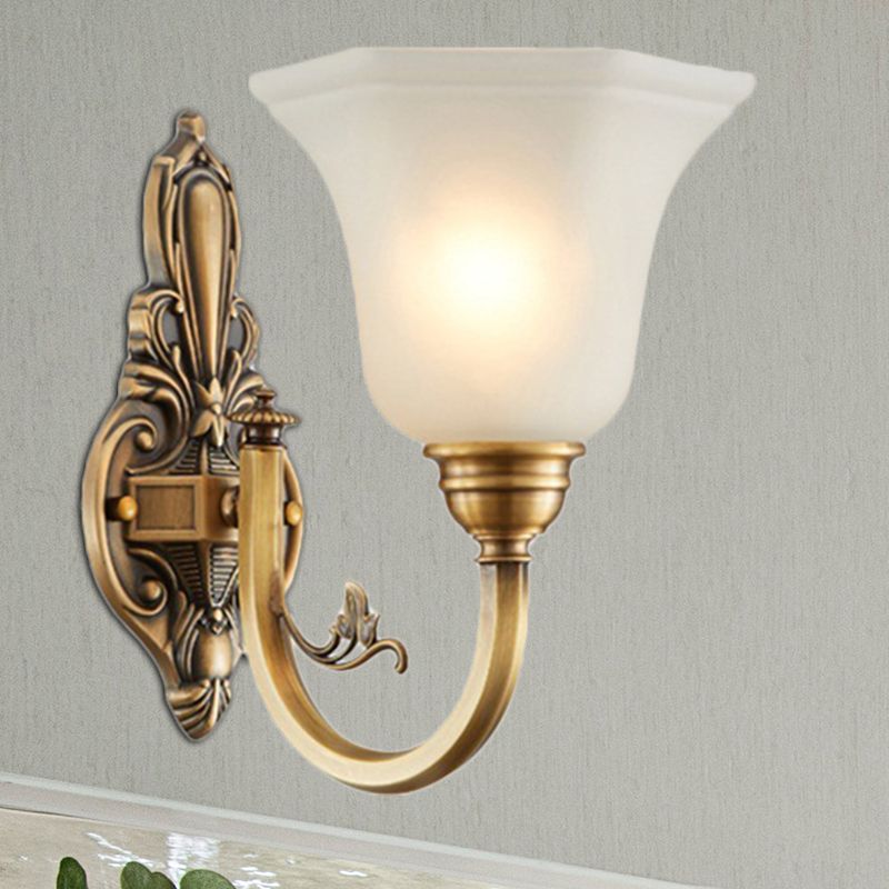 Vintage Curved Wall Mount Lamp 1/2-Head Brass Metallic Wall Sconce Light with White Glass Bell Shade