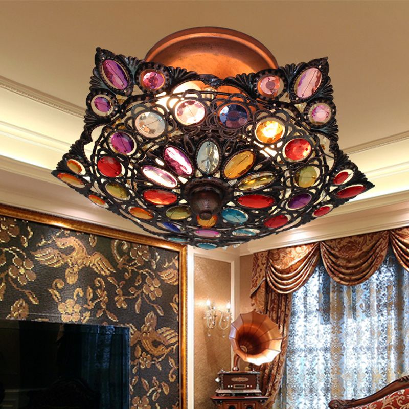 Hollow Living Room Ceiling Fixture Traditional Metal 3 Heads Brass Flush Mount Lighting