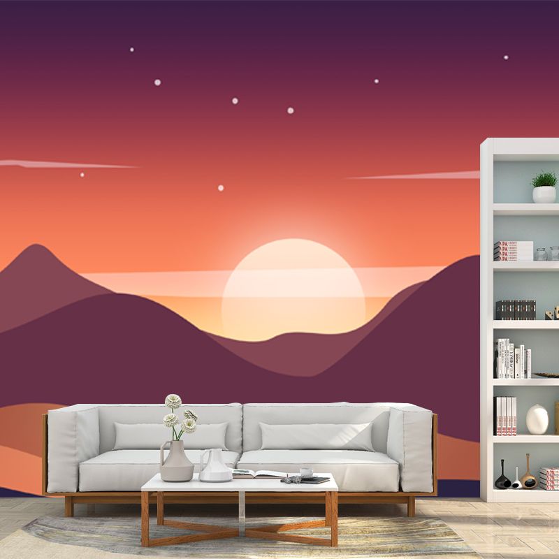 Modern Starry Scenery Wall Mural Yellow-Brown Big Moon Behind Mountain Wall Decor