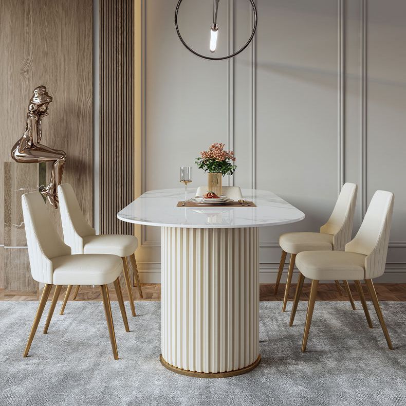 Mesa de comedor ovalada de lujo tradicional mesa sinterizada con pedestal doble blanco
