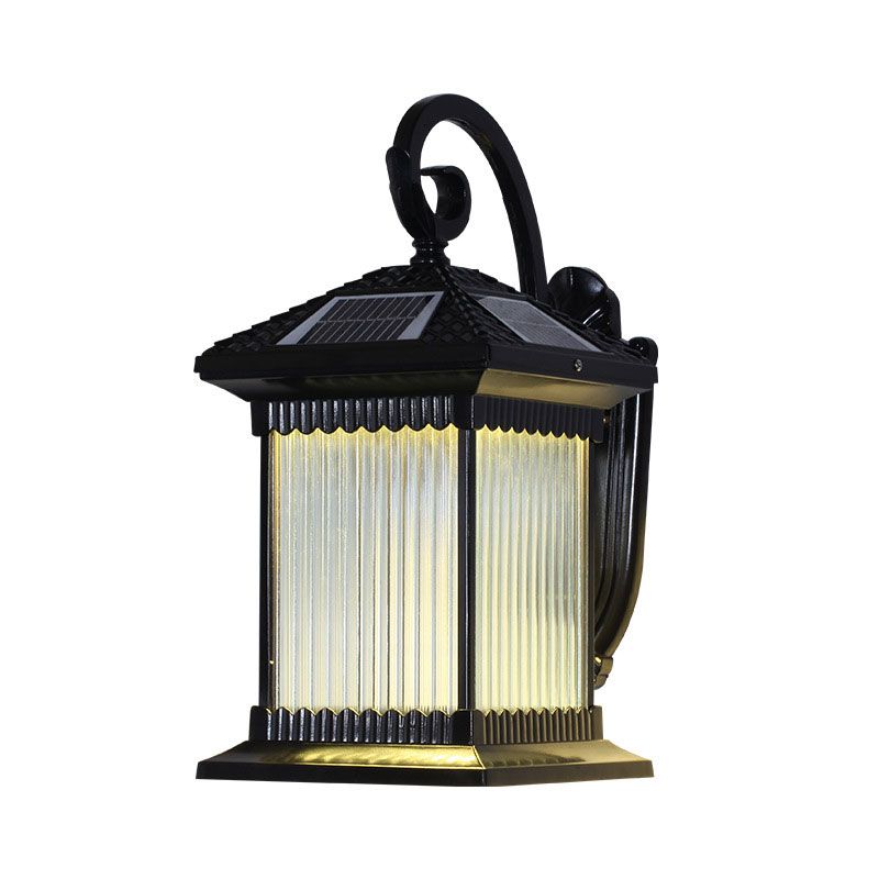Ribbed Glass Squared Solar Wall Mount Light Retro Outdoor LED Wall Lighting in Black