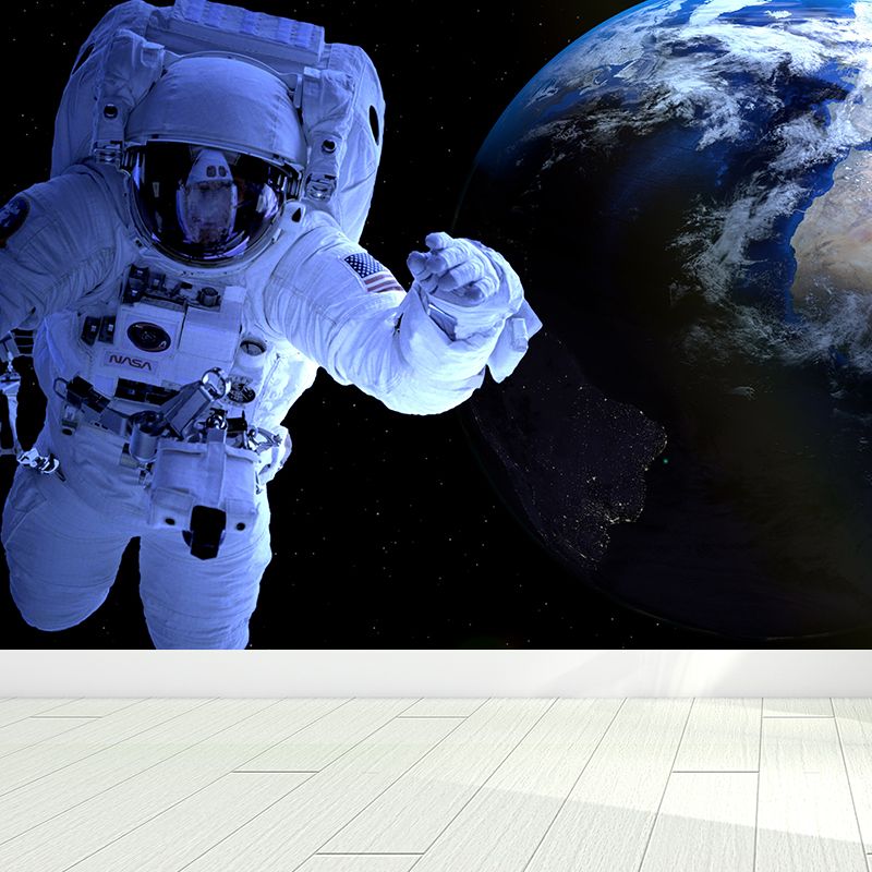 Blue Fictional Wall Mural Huge Astronaut and Earth Wall Covering for Living Room