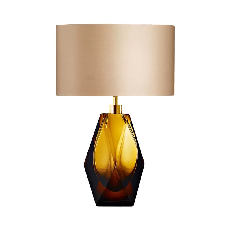Geometric Amber Colored Glaze Desk Light Modern 1-Light Beige Fabric Night Table Lamp
