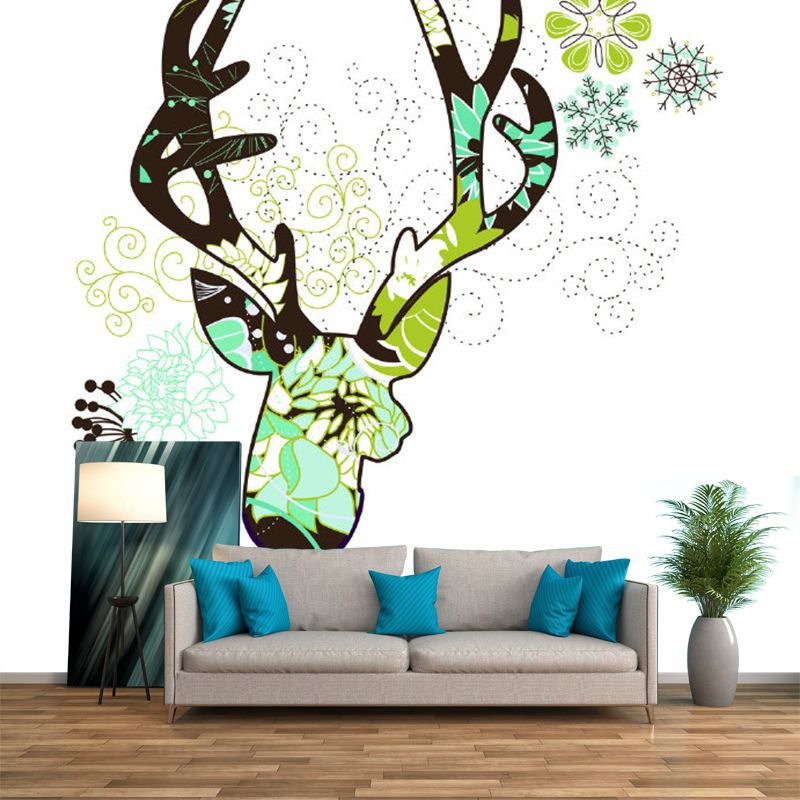 Mural de pared con cabeza de ciervo verde, estética, impermeable, decoración de pared para dormitorio, impreso personalizado