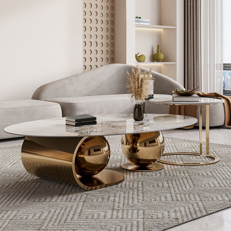 Slate Oval Coffee Table Golden Metal Frame Abstract Cocktail Table, 14.17" High
