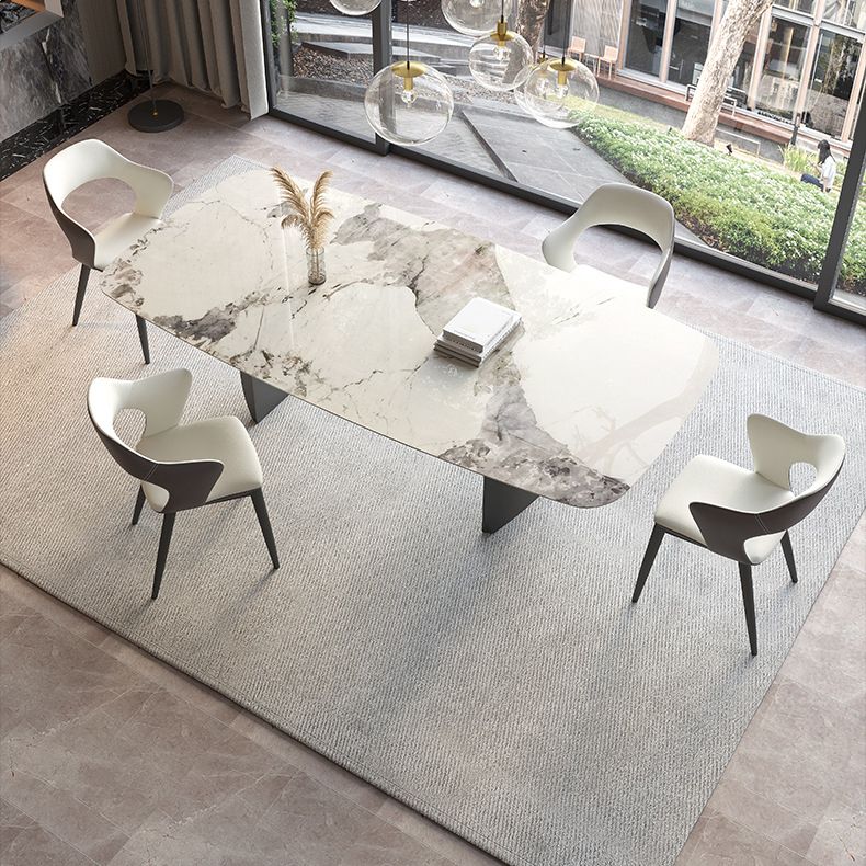 Mesa de comedor con tapa de piedra sinterizada, mesa rectangular con pedestal doble negro
