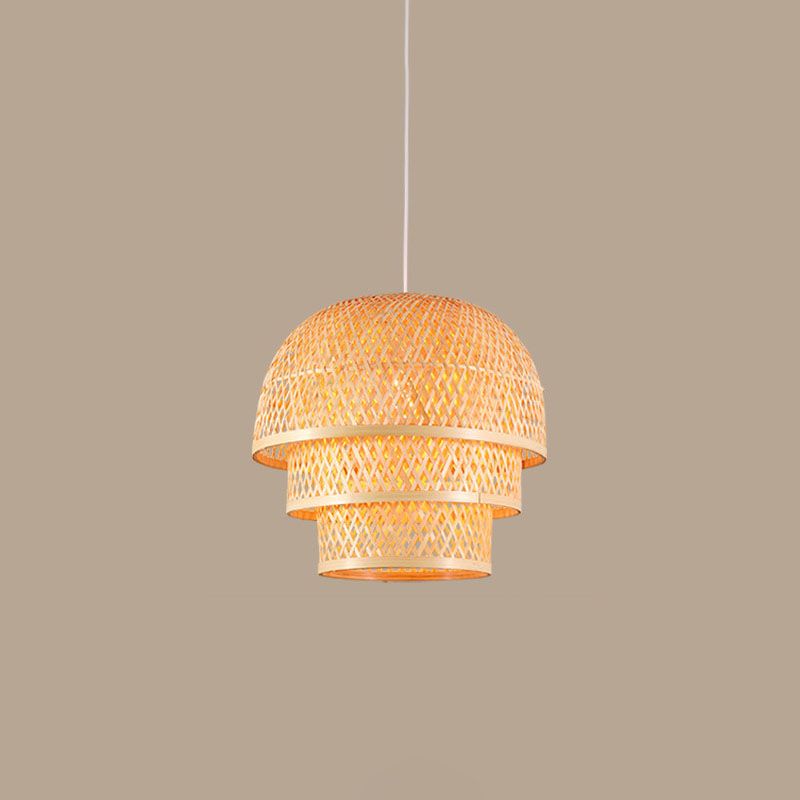 Single Restaurant Down Lighting Pendant Asian Wood Hanging Lamp with Tiered Bamboo Shade