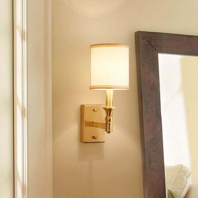 Cylindrical Fabric Wall Light Kit Simplicity 1-Light Bedroom Wall Mount Lighting in Gold