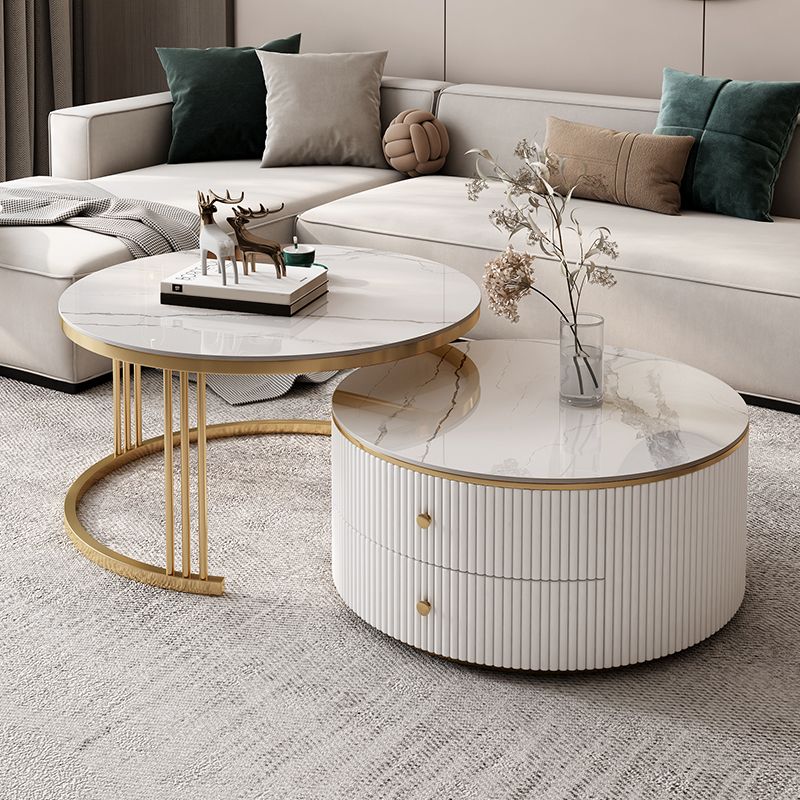 Round Frame Coffee Table Slate Nesting Coffee Table Set with Storage