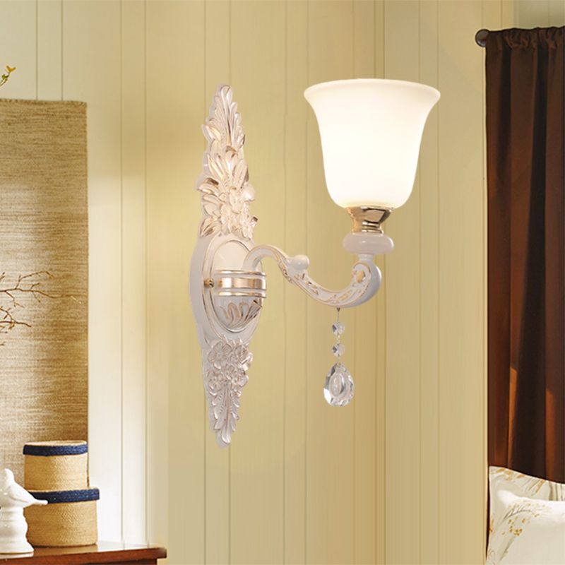1 Bulb Wall Lighting with Up Bell Shade White Glass Traditional Indoor Wall Lamp Fixture