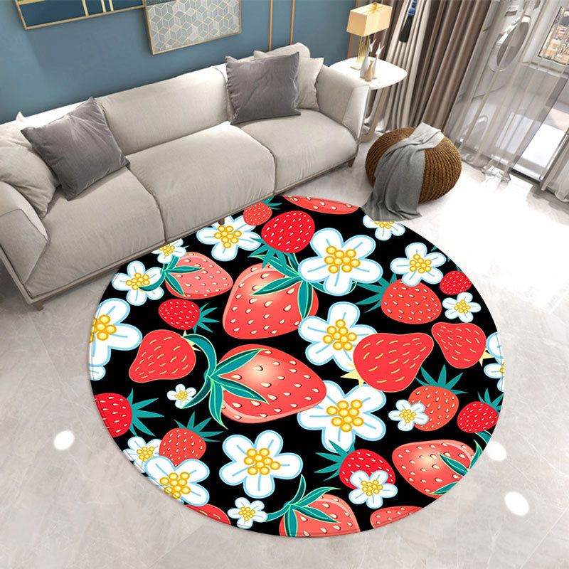 Round Strawberry Print Carpet Polyester Natural Rug Stain Resistant Area Carpet for Home Decoration