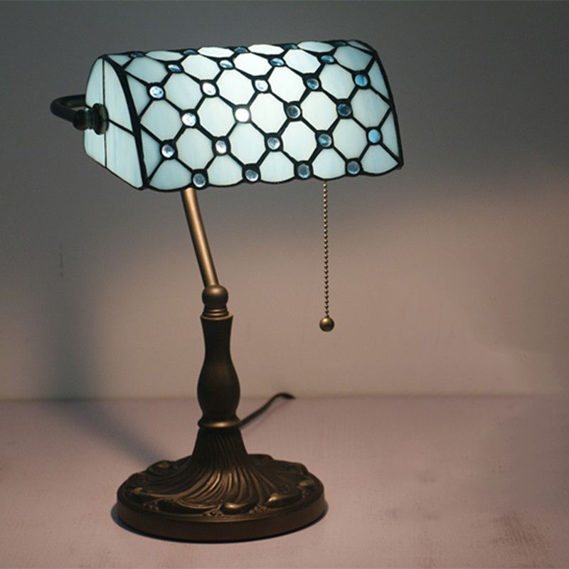 Juwelen Nachttisch Lampe Mediterranean beige/blaues Glas Single Glühbirne Schwarzer Nachttisch für Schlafzimmer