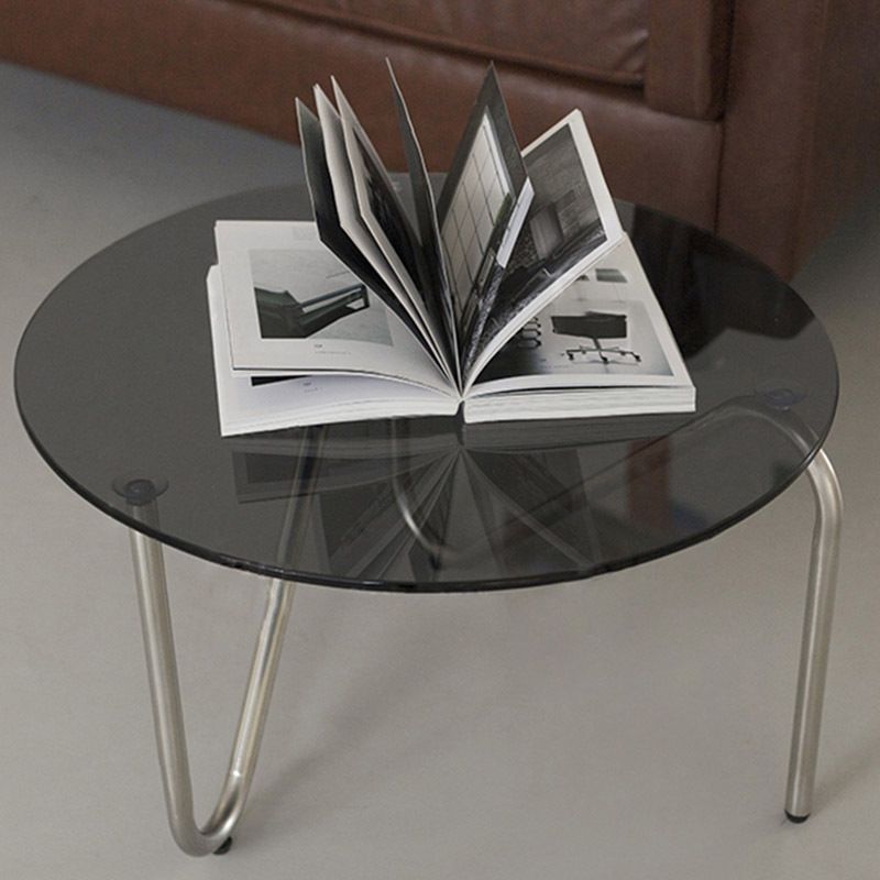 Contemporary Grey Round Glass Coffee Table with Metal 3 Legs