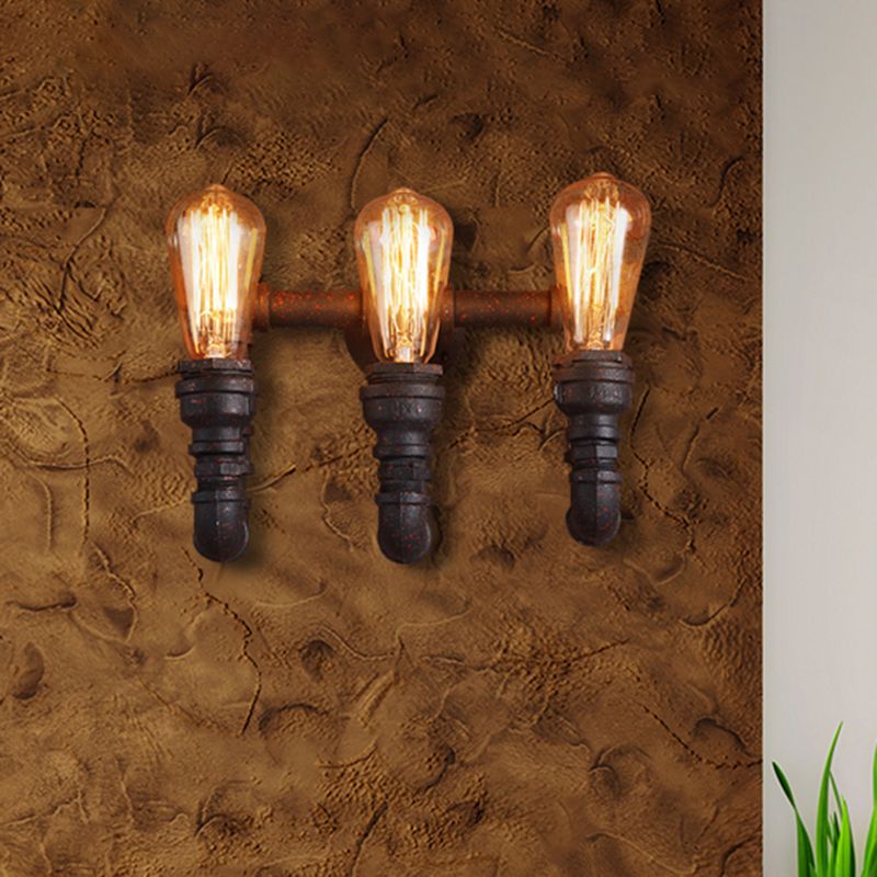 3 Lights Iron Wall Lamp Vintage Style Rust Water Pipe Stairway Wall Sconce Light with Exposed Bulb
