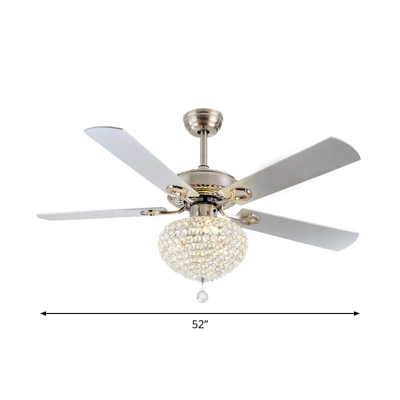 4 Blades Nickel LED Semi Flush Mount Farmhouse Crystal Waterdrop Hanging Fan Light Fixture, 52" Wide