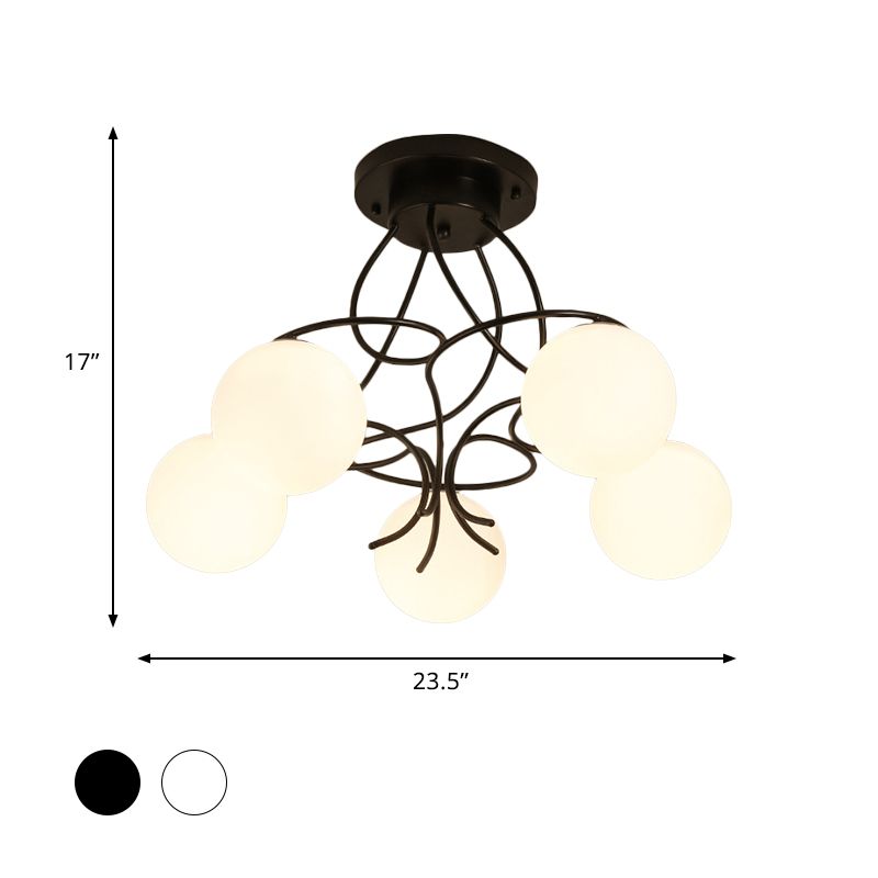 Iron Swirling Semi Flush Mount Modernism 5 Heads Black/White Finish Flush Ceiling Light with Globe Opal Glass Shade