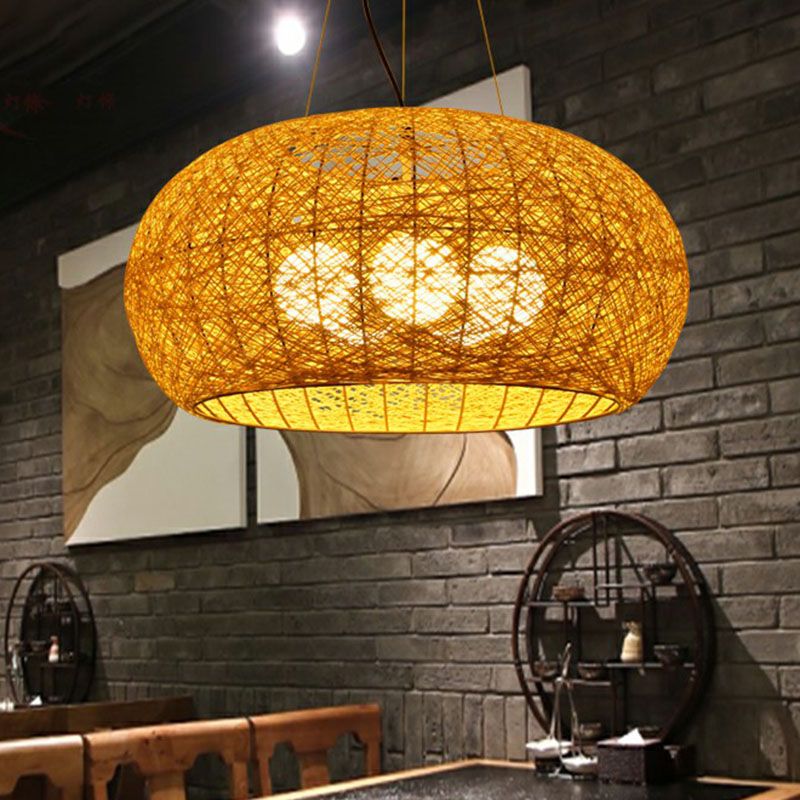 Rattan Curved Drum Ceiling Lighting South-east Asia 3 Heads Chandelier Light Fixture