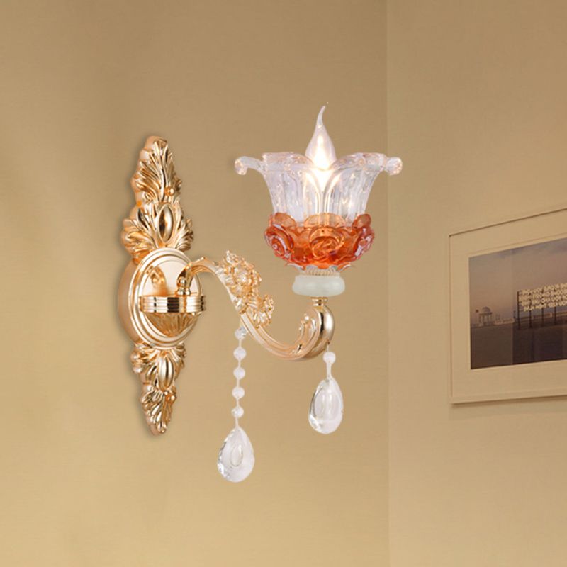 1/2-Light Blossom Wall Mount Lamp Modern Style Clear Crystal Wall Lighting in Gold for Staircase