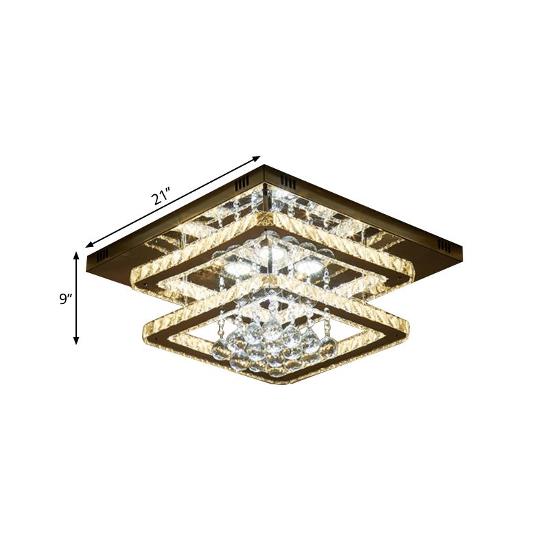 Dual Squares Faceted Crystal Semi Flush Simple LED Chrome Ceiling Lighting with Droplet