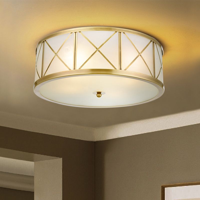 3/4 Heads Cream Glass Ceiling Lamp Colonial Gold Round Bedroom Flush Light with Trellis Cage