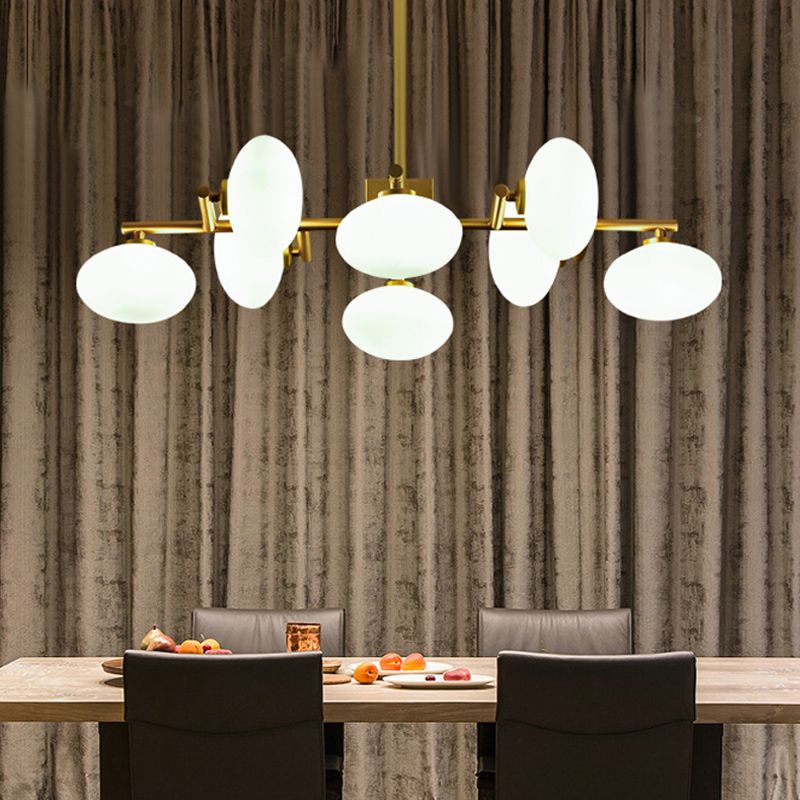 Branched Dinette Chandelier Light Cream Ovale Glass 8-Bulb Postmodernist Suspension Lamp in Gold