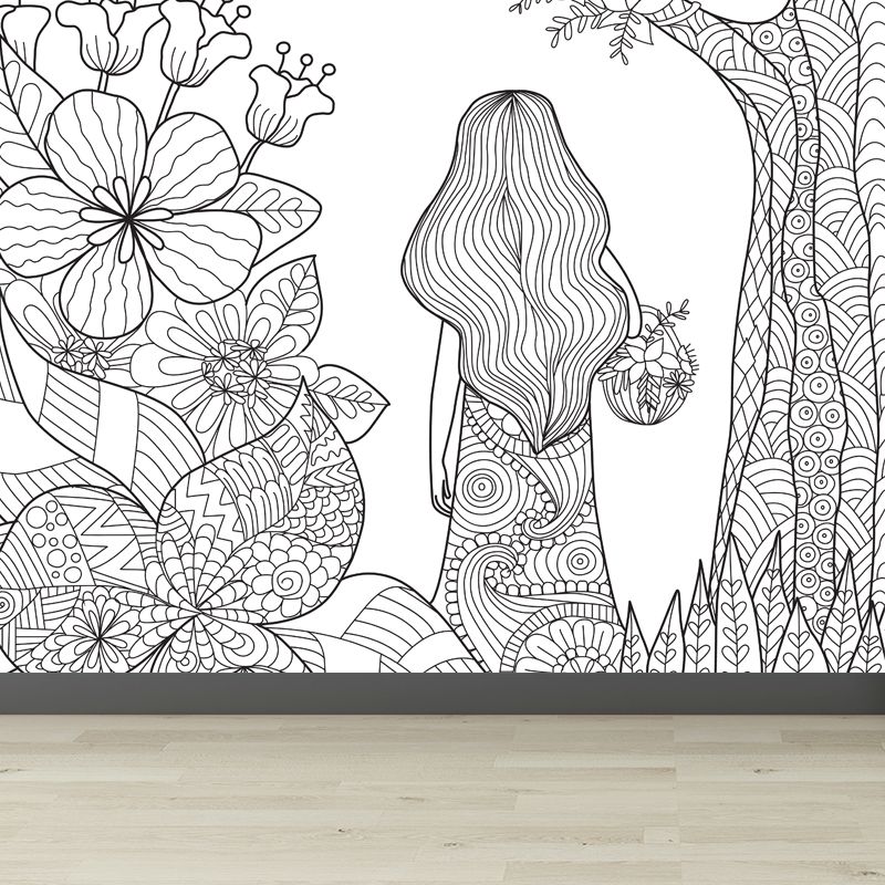 Art Deco Blossoming Wall Mural Black and White Stain-Proof Wall Covering for Girls Room