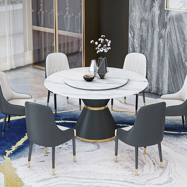 Round Stone Dining Table Black Base Traditional Luxury Dinette Table in White