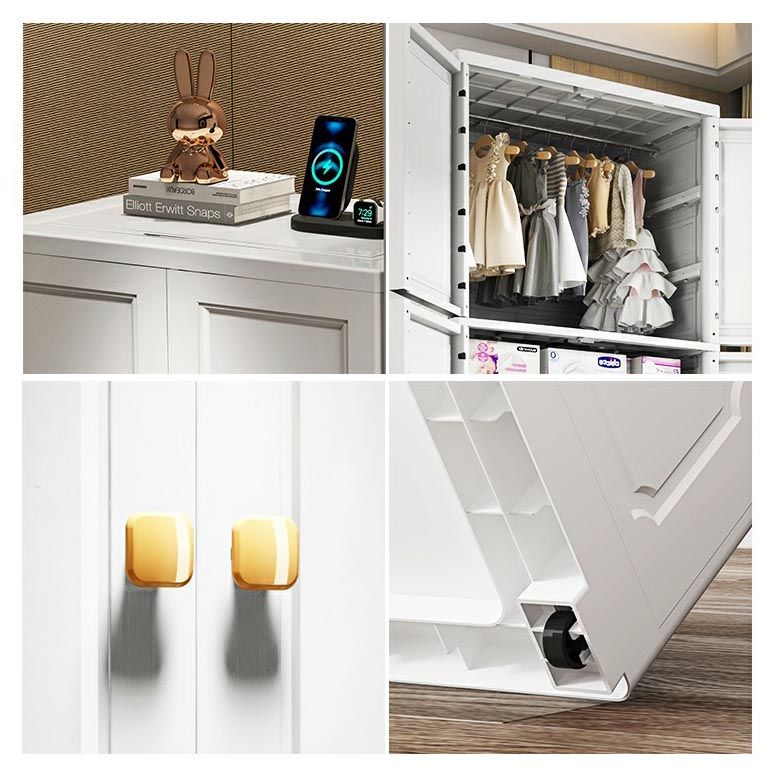 White Plastic Armoire, 2-Door Wardrobe With 2-Drawers and Clothing Rod