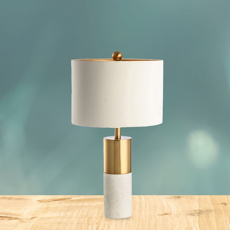 Lámpara de mesa con pantalla de tambor de metal, base de mármol, estilo moderno, 1 luz, iluminación de mesa blanca para dormitorio