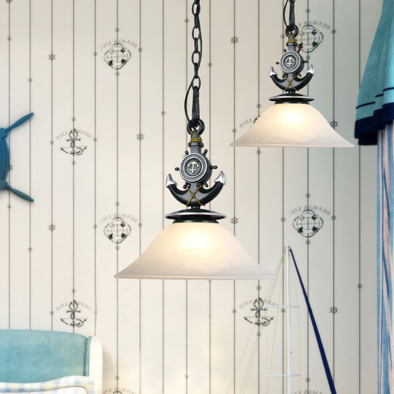 Bell Opalglas hängend hängendem Licht modernistischer Stil 1 Kopf Blau/Weiß Finish Anhänger Beleuchtung mit Anker -Deco