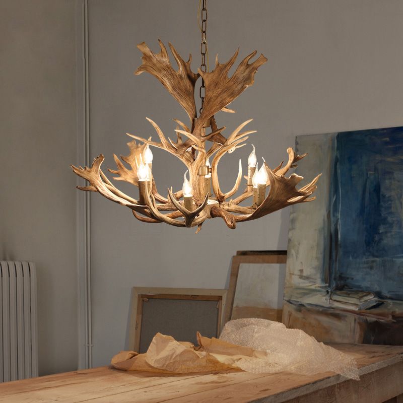 Resin Brown Hanging Chandelier Candle-Style 8 Bulbs Rural Pendant Light Fixture for Dining Room