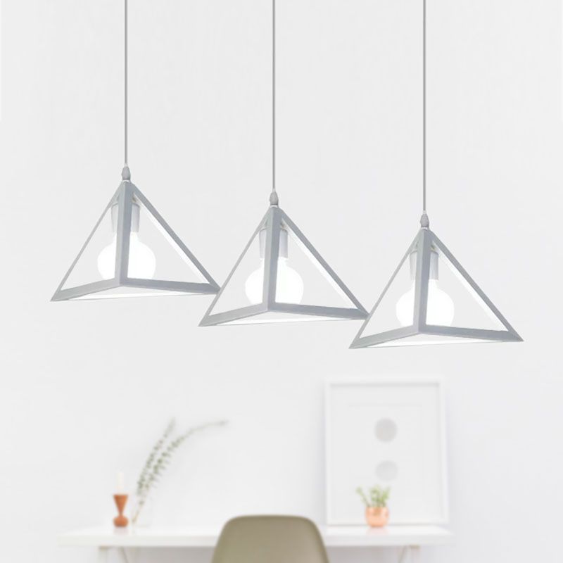 3 Heads Hanging Lamp Retro Industrial Triangle Metallic Pendant Lighting with Wire Guard and Linear/Round Canopy in Black/White