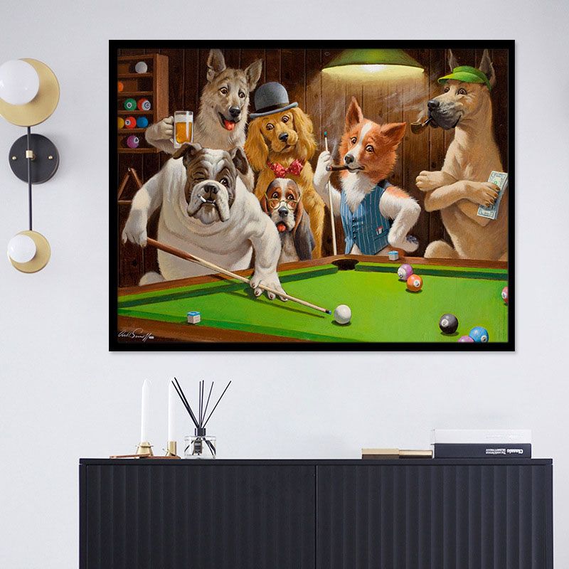 Textured Brown Wall Decor Modernist Dogs Playing Billiard Canvas Print for Study Room